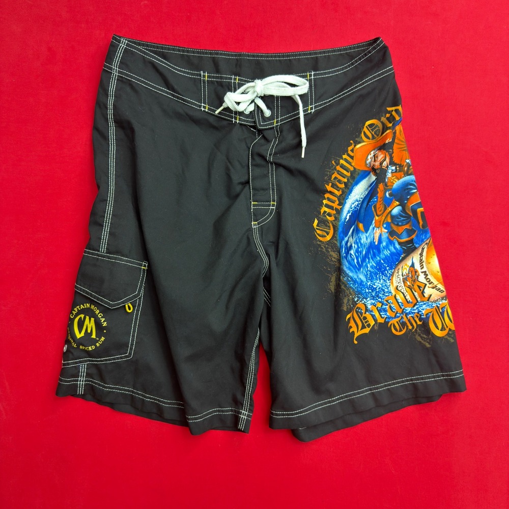Captain Morgan Spiced Rum Board Shorts Mens 34 Black Swim Trunks Brave The Wave
